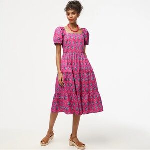 J. Crew Tiered Midi Dress with Puff Sleeves Pink Floral Size 10